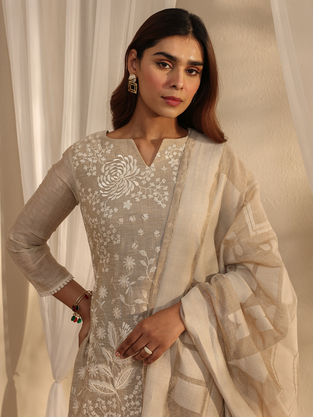 Beige Floral Embroidered Cotton Blend Straight Suit Set With Dupatta