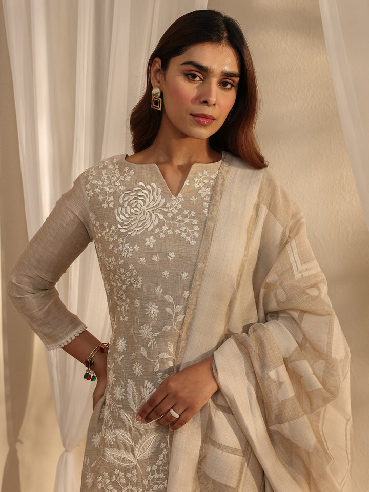 Beige Floral Embroidered Cotton Blend Straight Suit Set With Dupatta