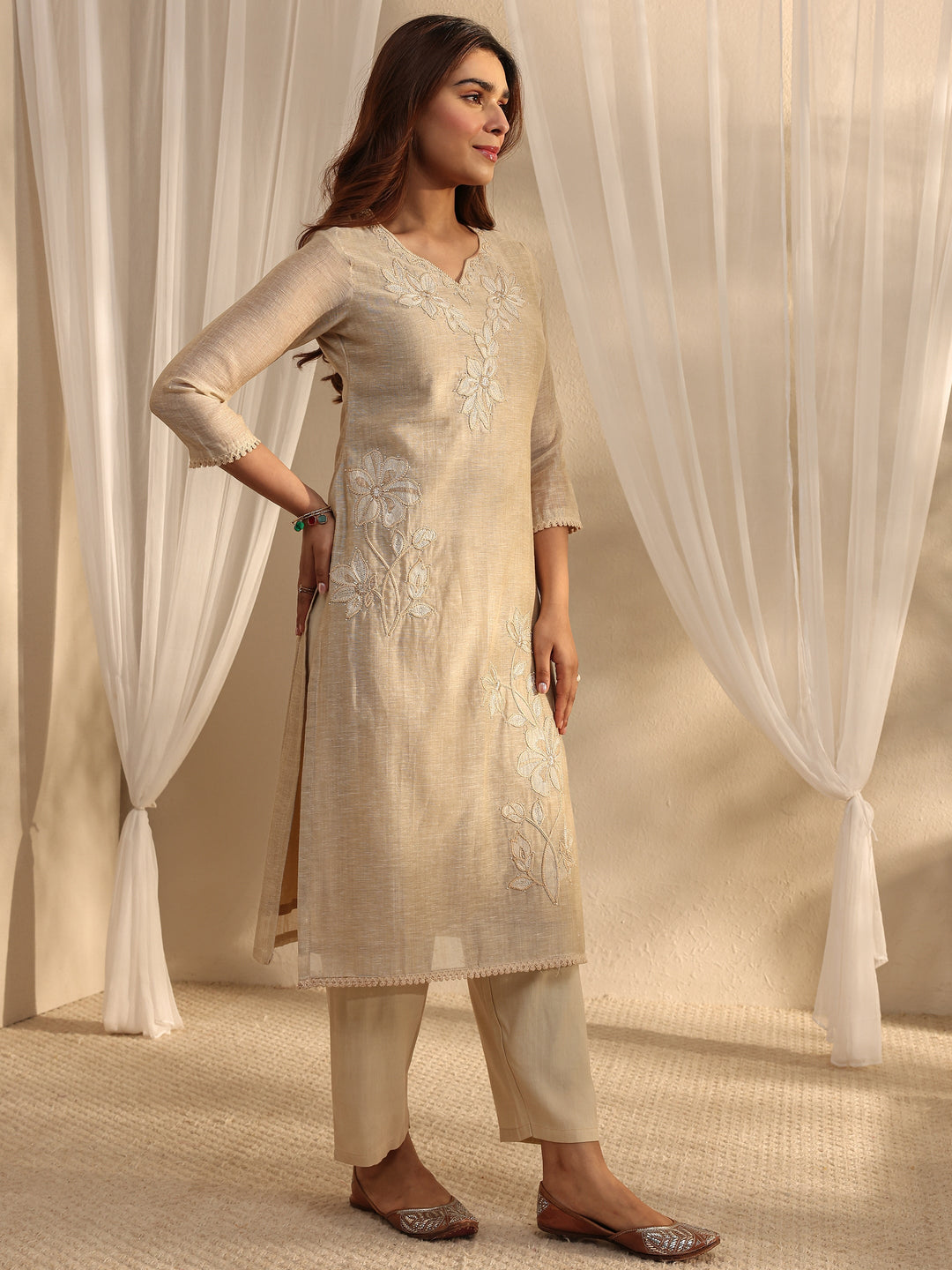 Beige Floral Embroidered Cotton Blend Straight Suit Set With Dupatta