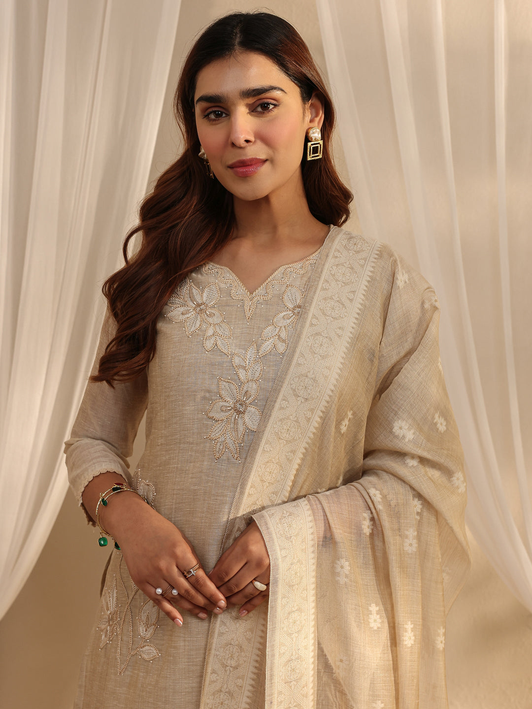 Beige Floral Embroidered Cotton Blend Straight Suit Set With Dupatta
