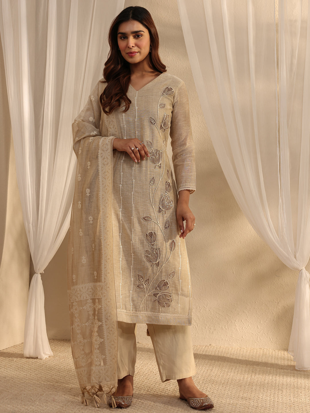 Beige Floral Embroidered Cotton Blend Straight Suit Set With Dupatta
