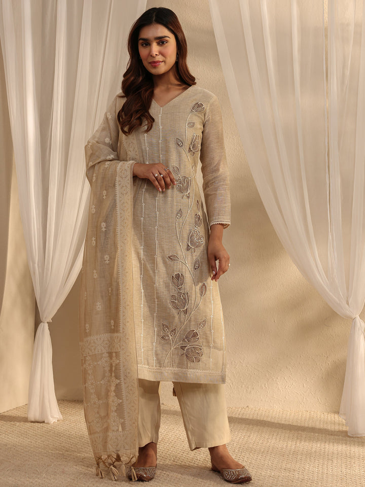 Beige Floral Embroidered Cotton Blend Straight Suit Set With Dupatta