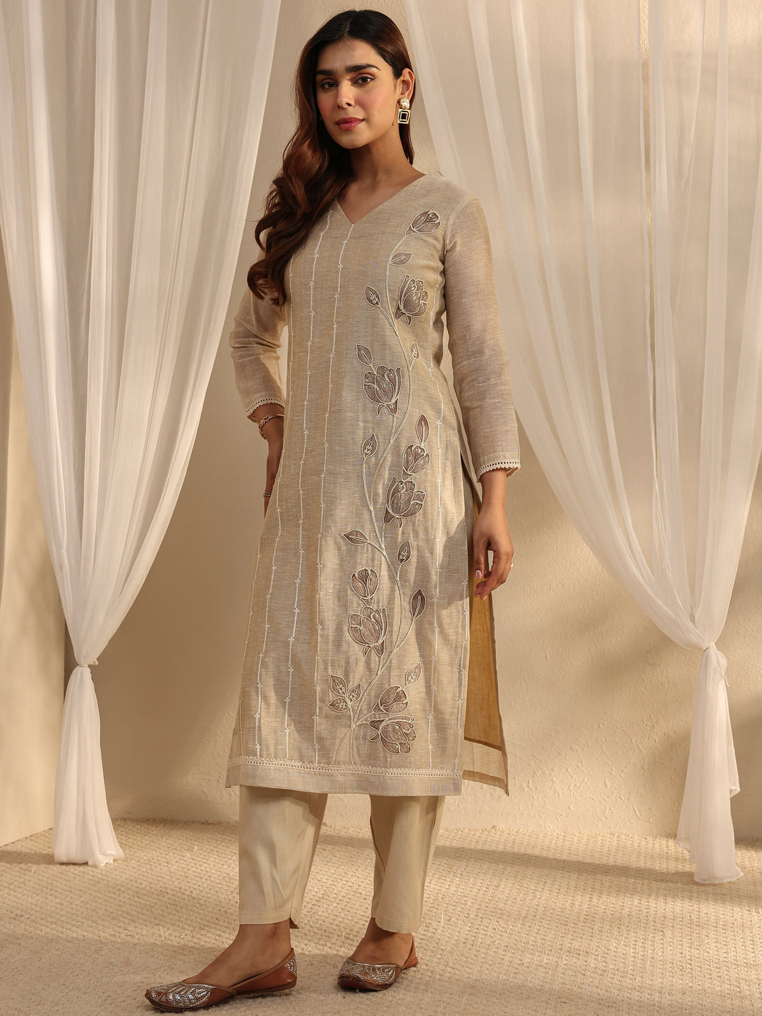 Beige Floral Embroidered Cotton Blend Straight Suit Set With Dupatta