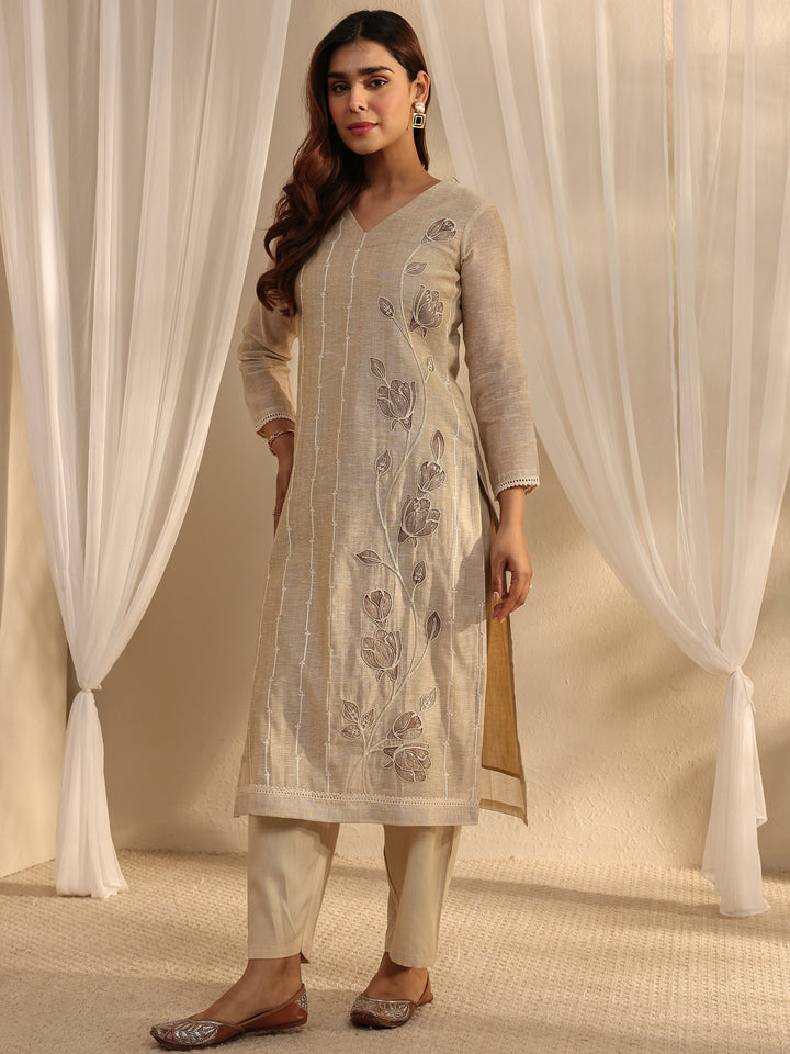 Beige Floral Embroidered Cotton Blend Straight Suit Set With Dupatta