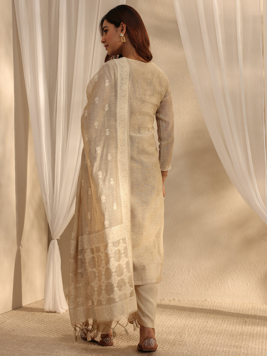 Beige Floral Embroidered Cotton Blend Straight Suit Set With Dupatta