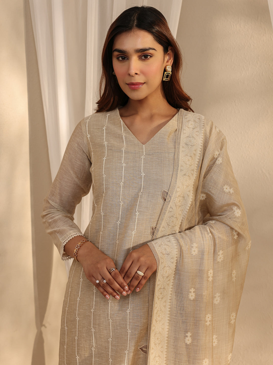 Beige Floral Embroidered Cotton Blend Straight Suit Set With Dupatta
