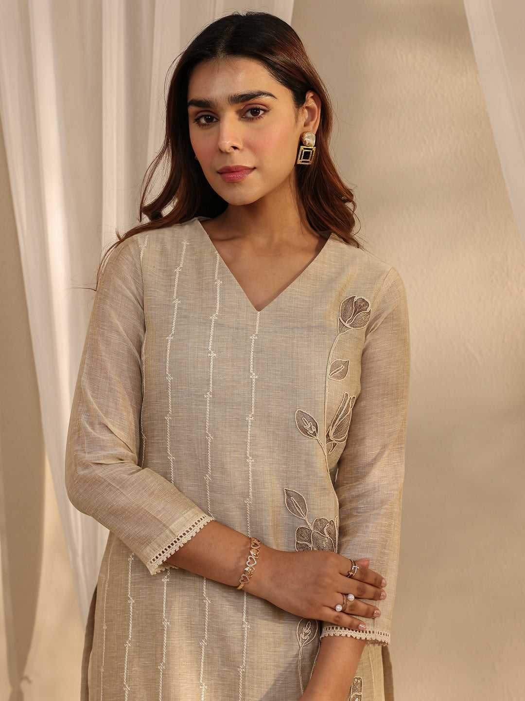 Beige Floral Embroidered Cotton Blend Straight Suit Set With Dupatta