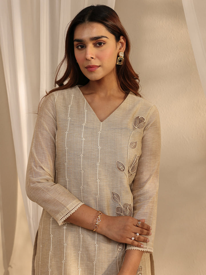 Beige Floral Embroidered Cotton Blend Straight Suit Set With Dupatta