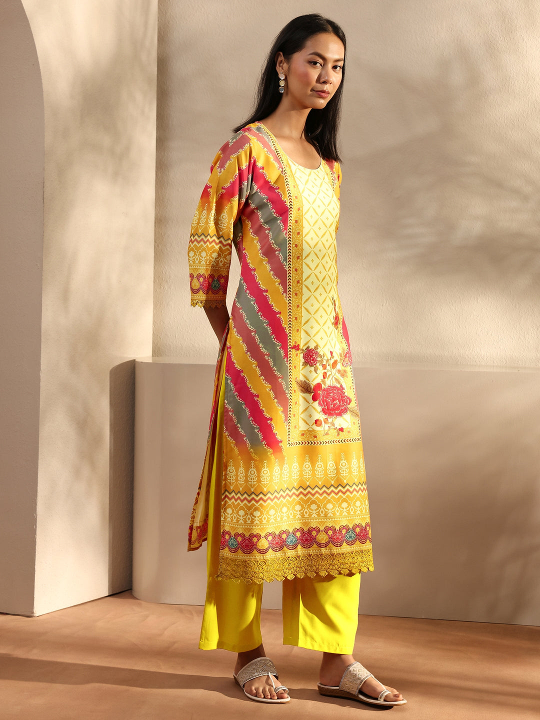 Mustard Printed Crepe Straight Suit Set With Dupatta