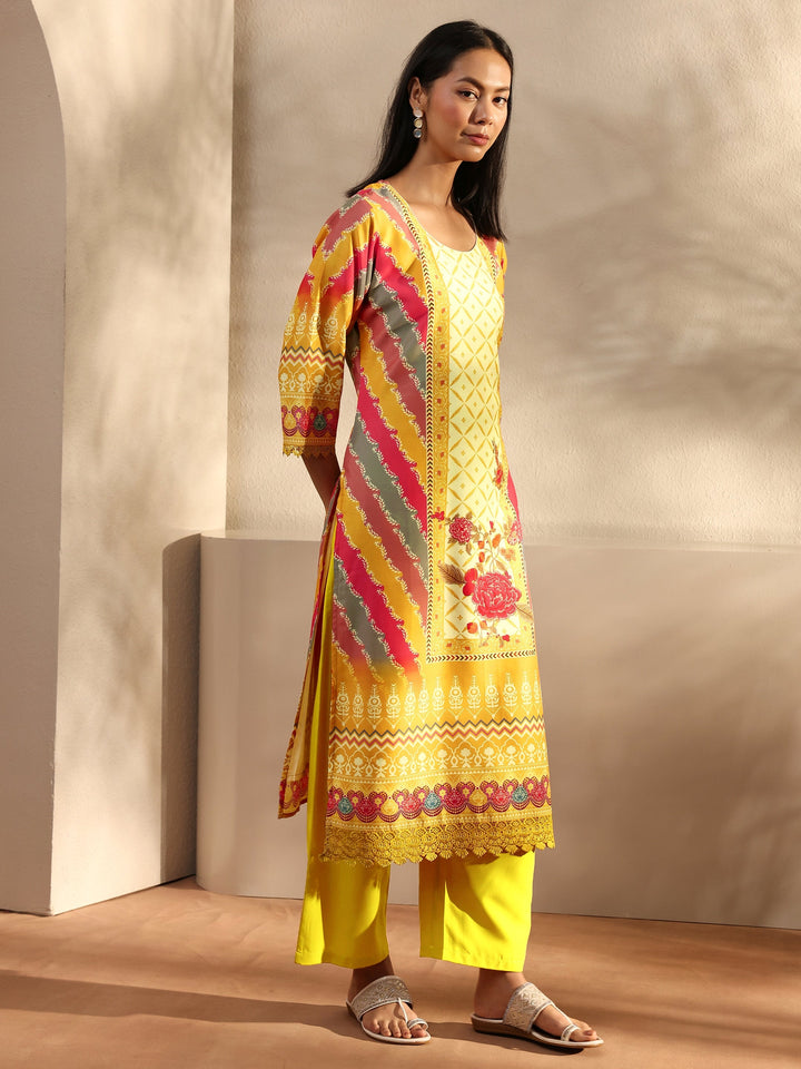 Mustard Printed Crepe Straight Suit Set With Dupatta