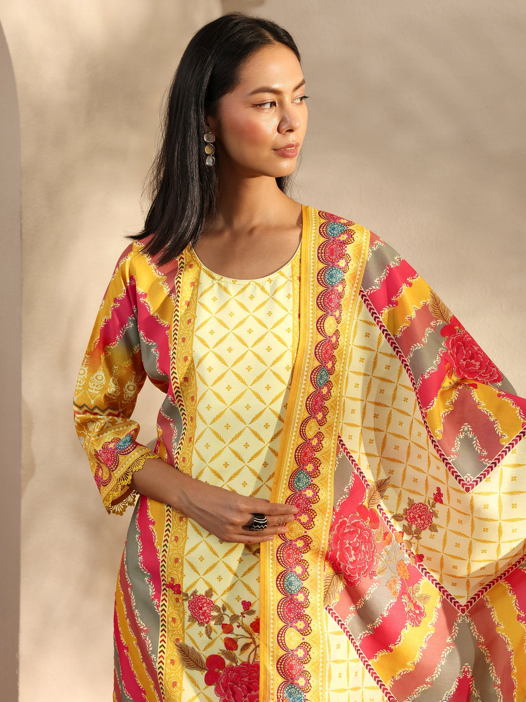 Mustard Printed Crepe Straight Suit Set With Dupatta