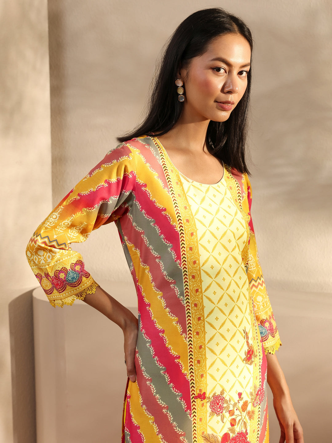 Mustard Printed Crepe Straight Suit Set With Dupatta