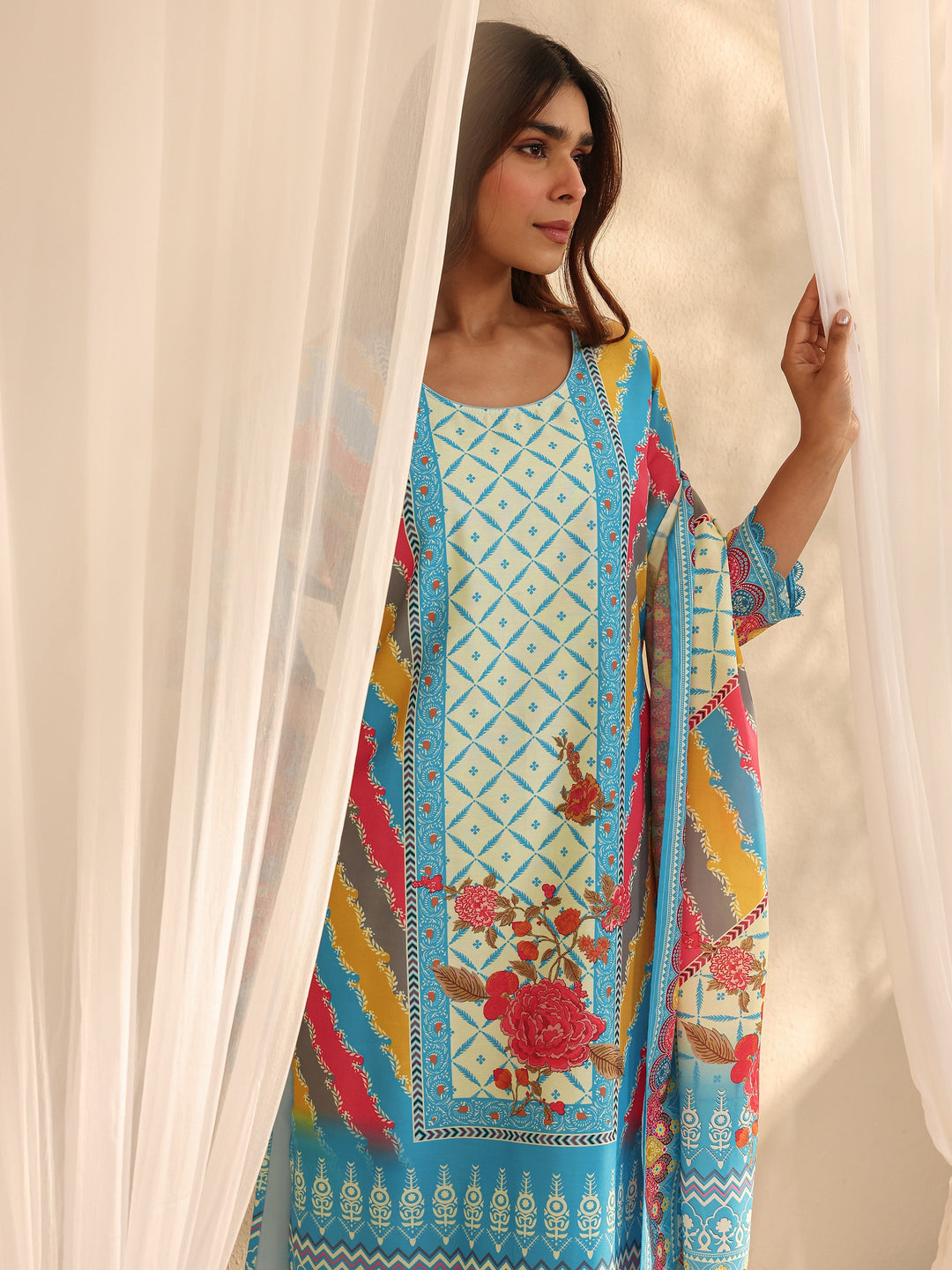 Blue Ethnic Printed Crepe Straight Suit Set With Dupatta