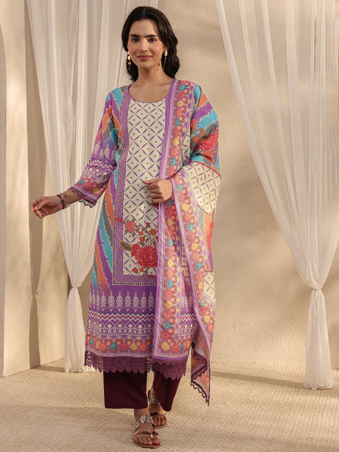 Lavender Ethnic Printed Crepe Straight Suit Set With Dupatta