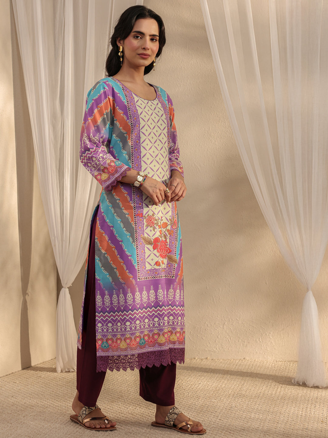 Lavender Ethnic Printed Crepe Straight Suit Set With Dupatta