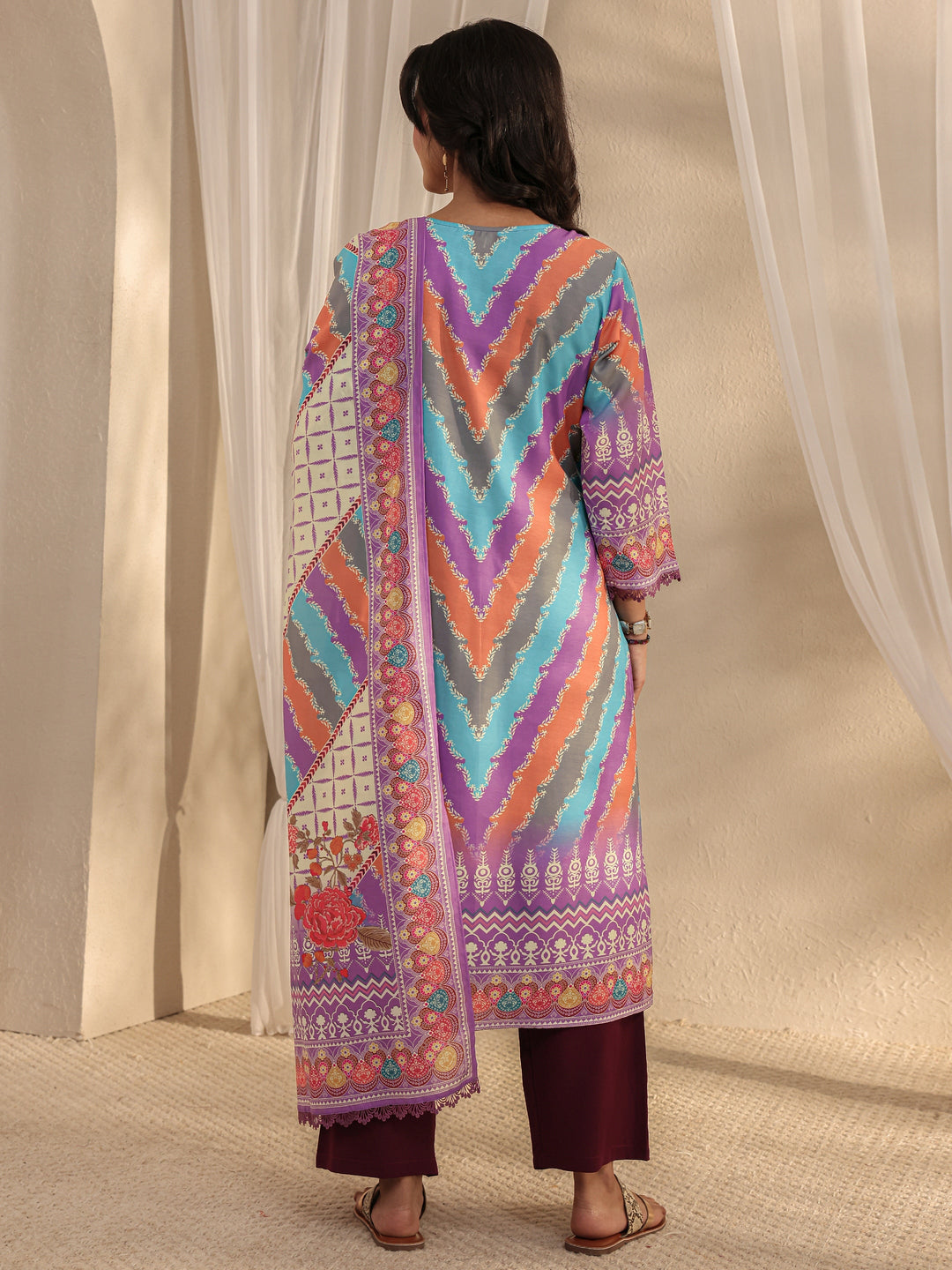 Lavender Ethnic Printed Crepe Straight Suit Set With Dupatta