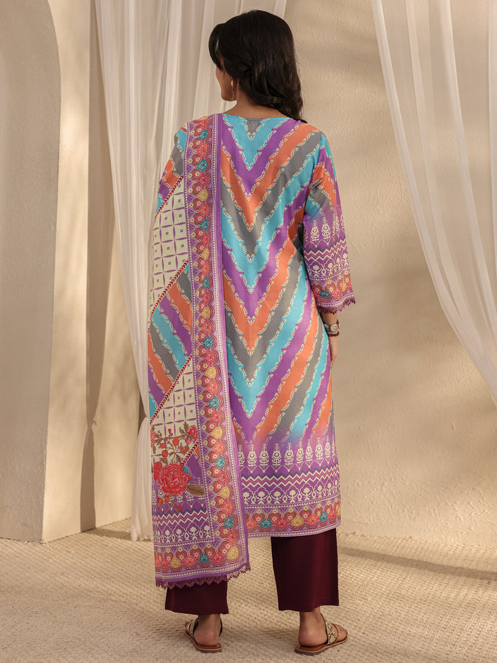 Lavender Ethnic Printed Crepe Straight Suit Set With Dupatta