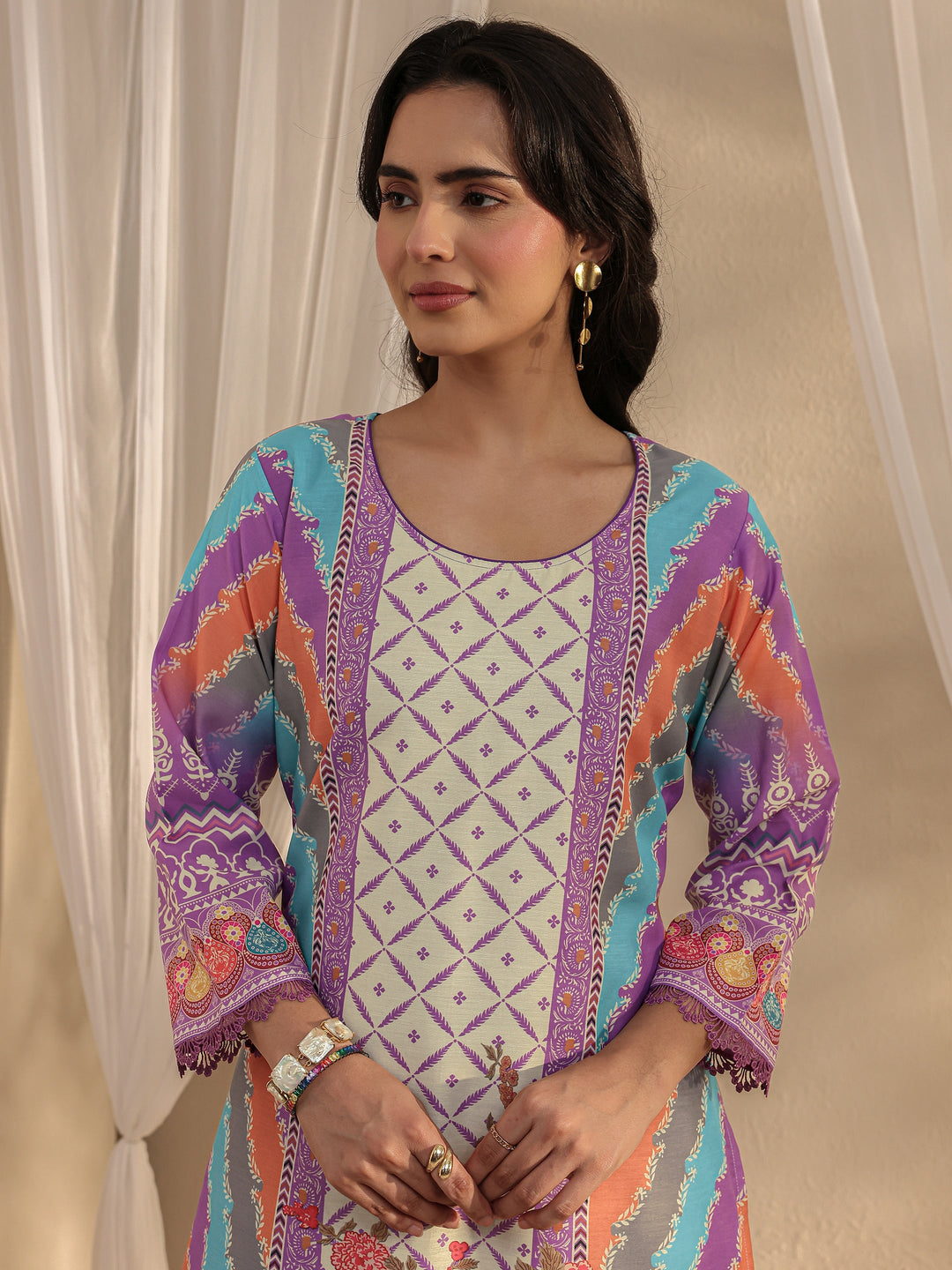 Lavender Ethnic Printed Crepe Straight Suit Set With Dupatta