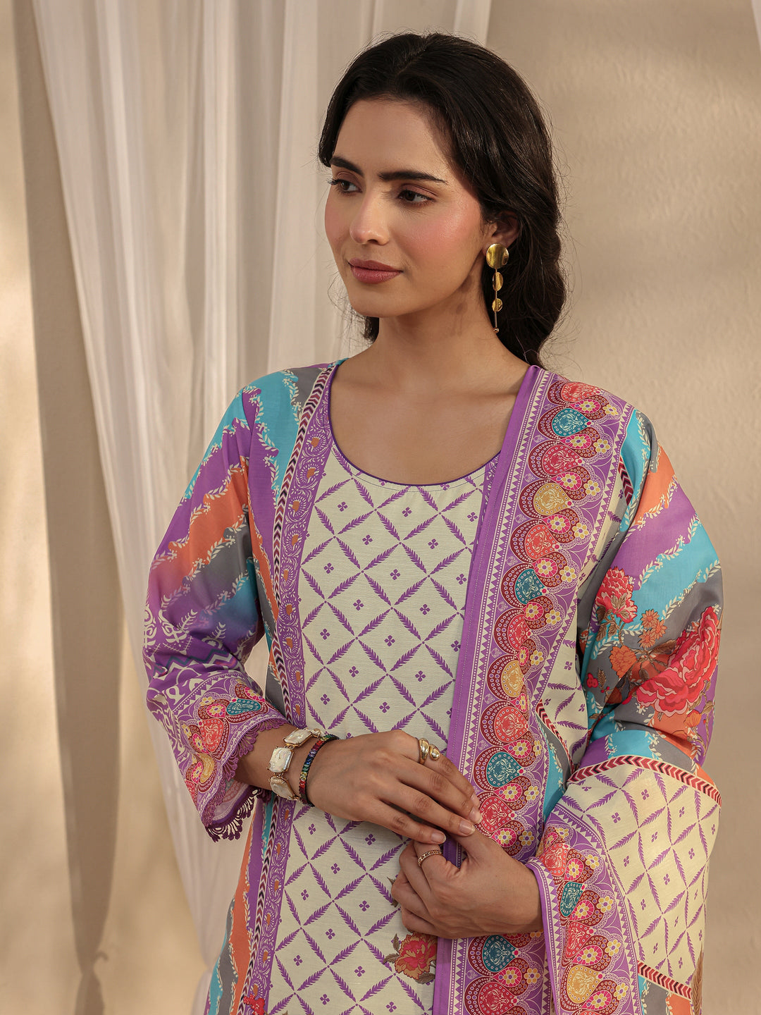 Lavender Ethnic Printed Crepe Straight Suit Set With Dupatta