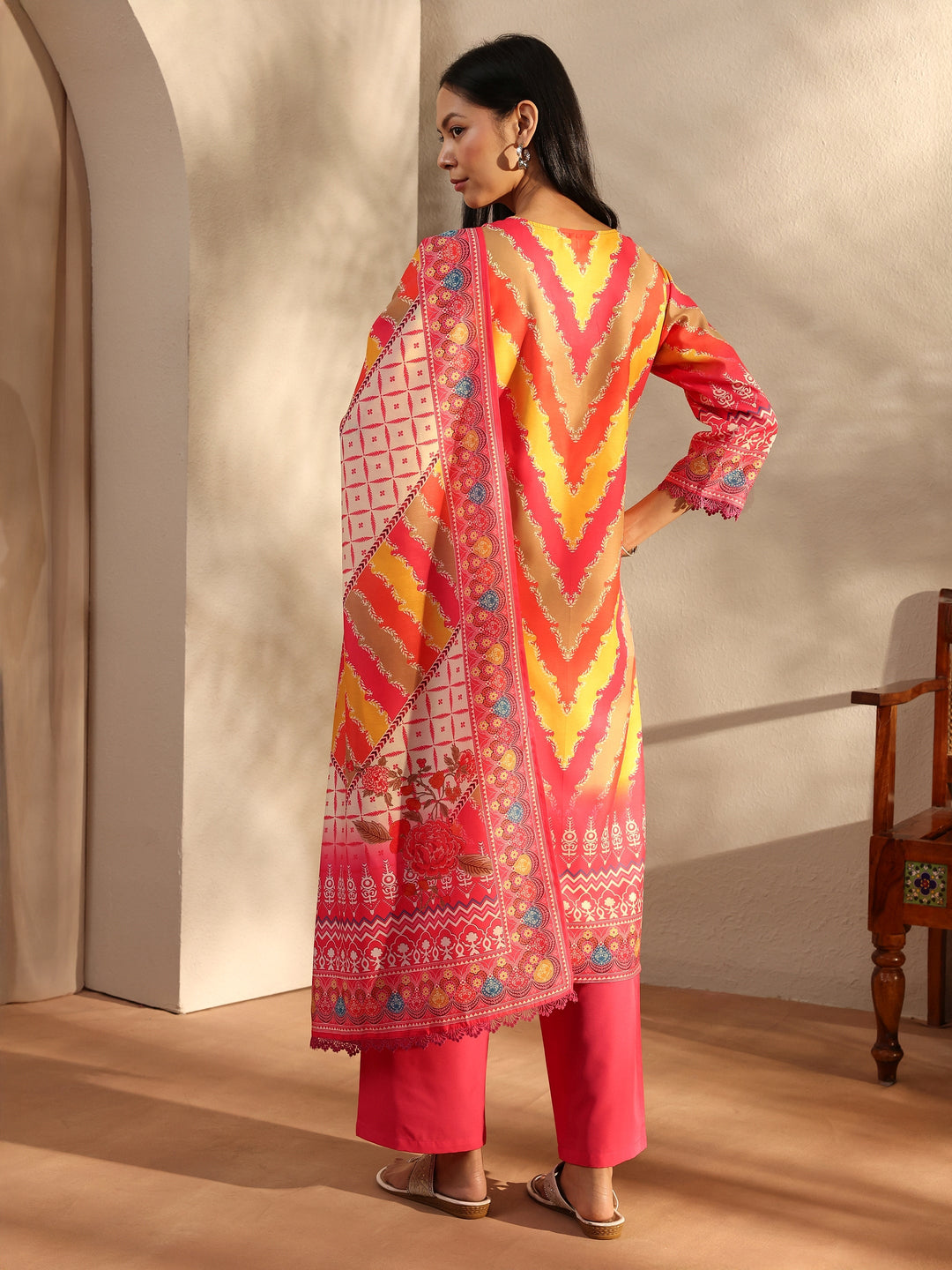 Pink Printed Crepe Straight Suit Set With Dupatta