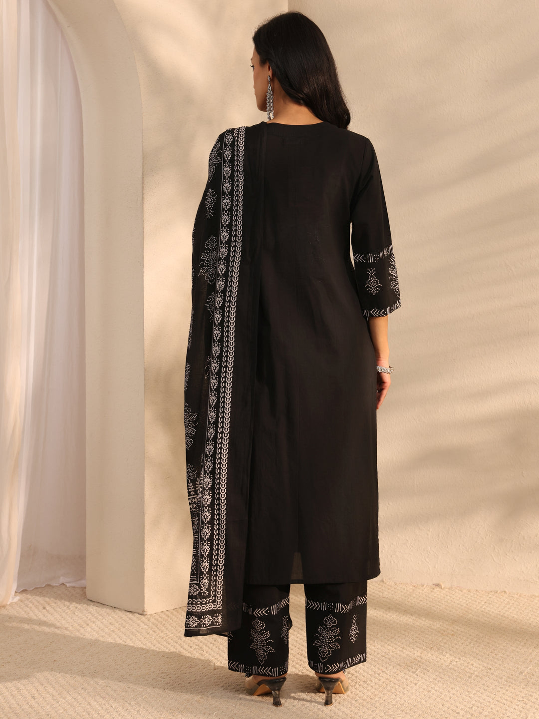 Black Bandhani Printed Cotton Straight Suit Set With Dupatta