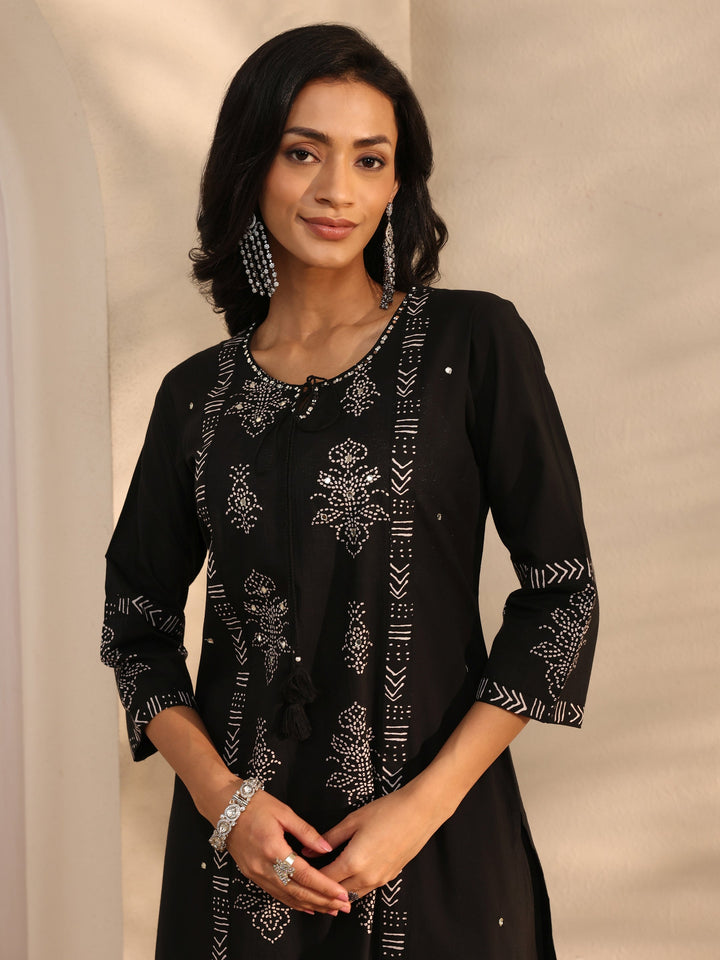 Black Bandhani Printed Cotton Straight Suit Set With Dupatta