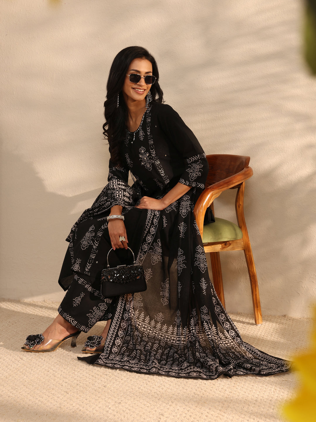 Black Bandhani Printed Cotton Straight Suit Set With Dupatta
