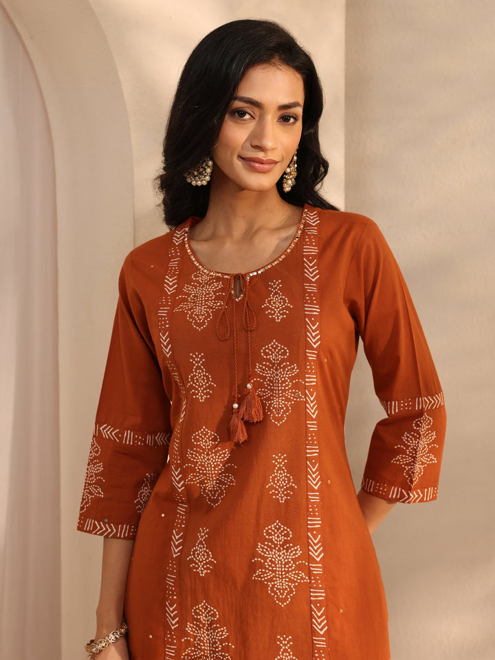Rust Bandhani Printed Cotton Straight Suit Set With Dupatta