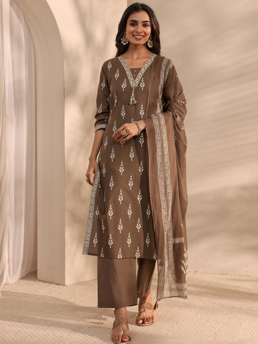 Brown Printed Cotton Suit Set With Dupatta