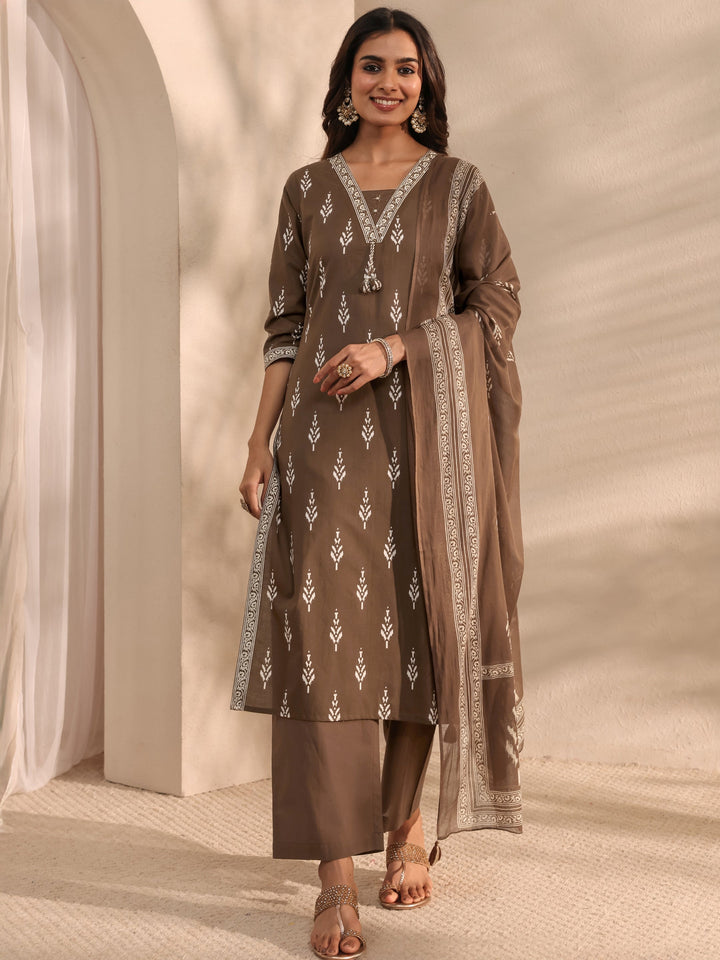Brown Printed Cotton Suit Set With Dupatta