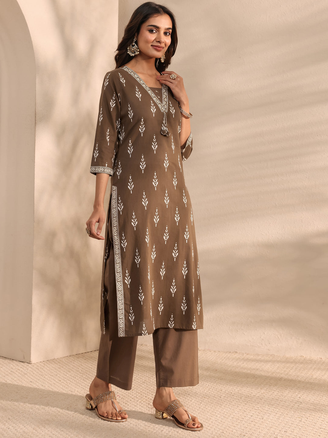 Brown Printed Cotton Suit Set With Dupatta