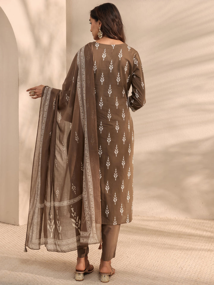 Brown Printed Cotton Suit Set With Dupatta