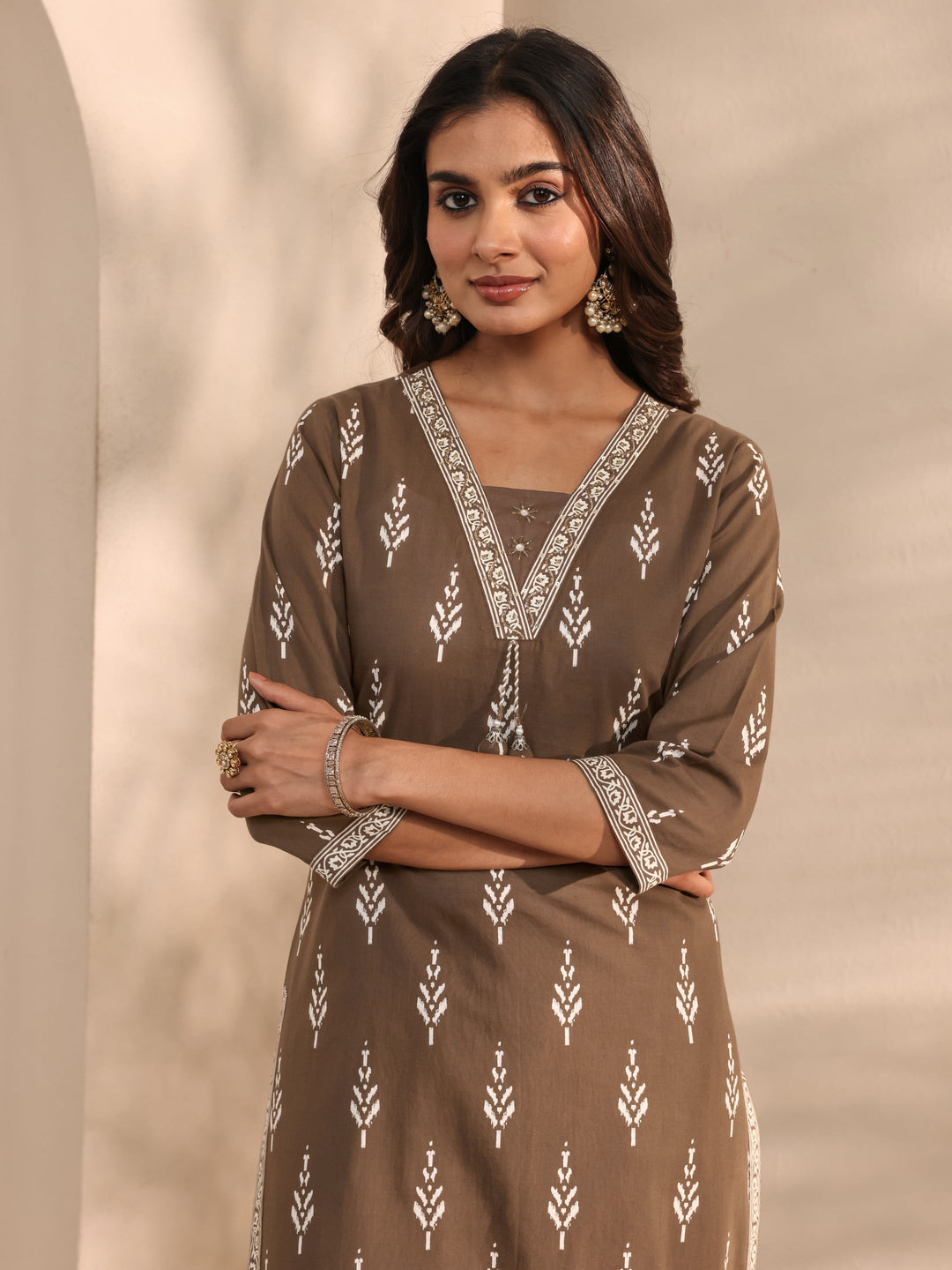 Brown Printed Cotton Suit Set With Dupatta