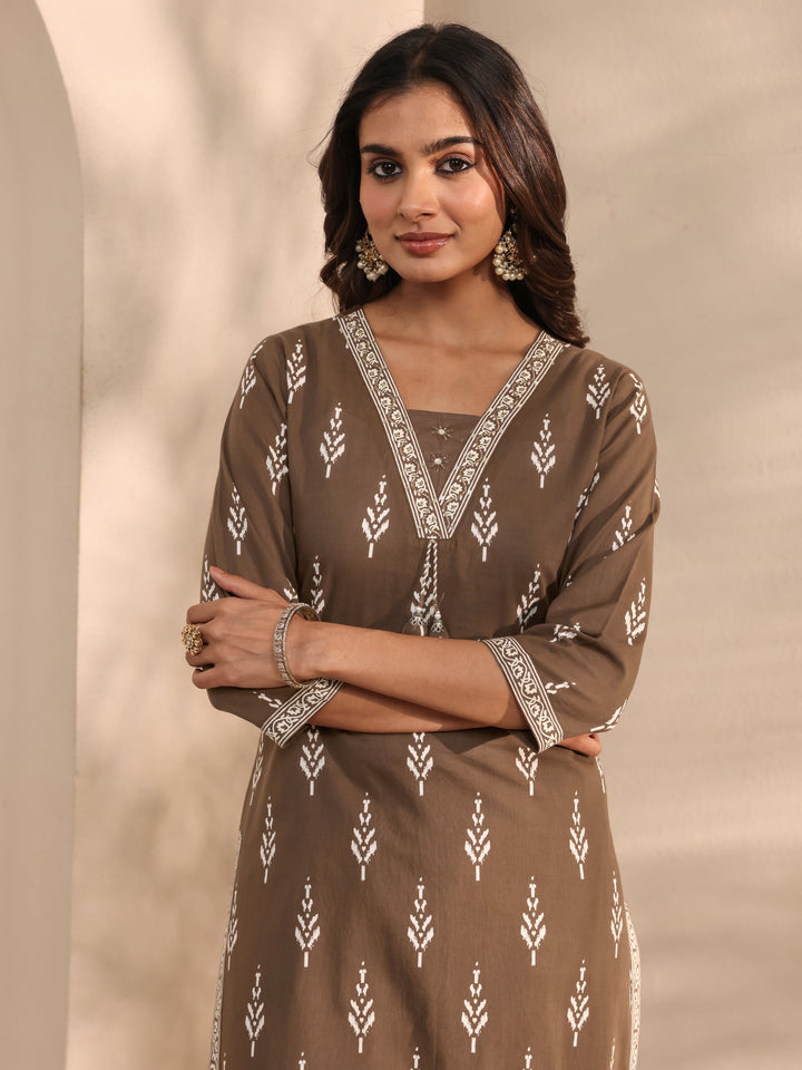 Brown Printed Cotton Suit Set With Dupatta