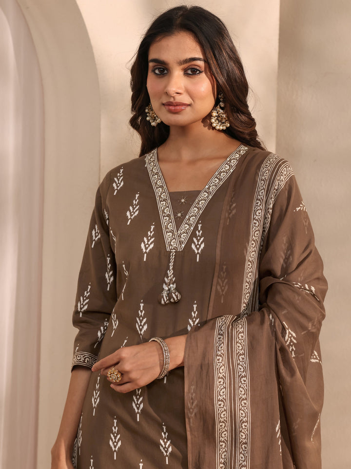 Brown Printed Cotton Suit Set With Dupatta