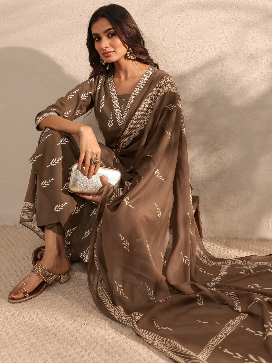 Brown Printed Cotton Suit Set With Dupatta