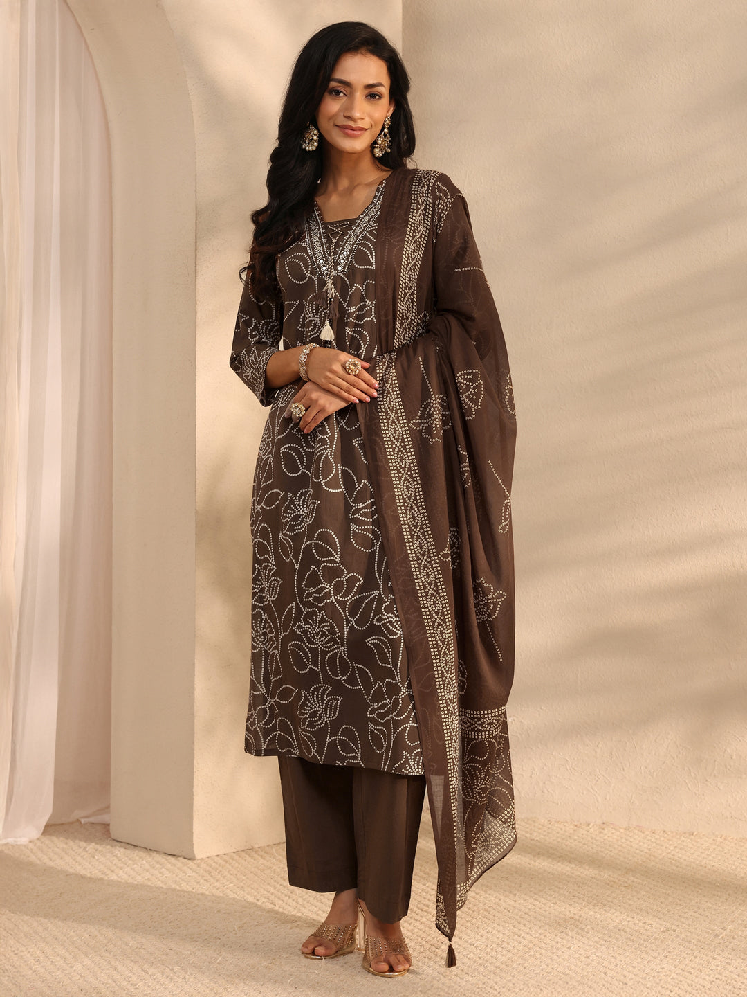 Brown Bandhani Printed Cotton Straight Suit Set With Dupatta