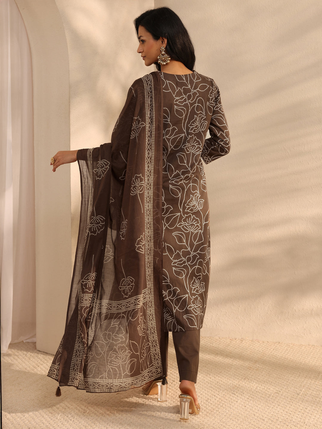 Brown Bandhani Printed Cotton Straight Suit Set With Dupatta