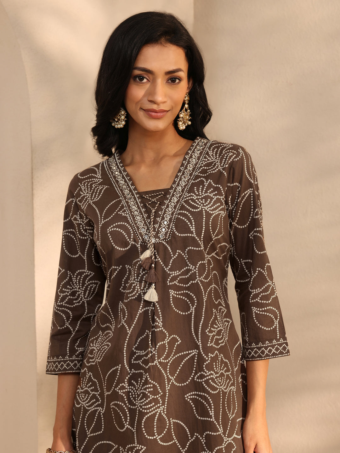 Brown Bandhani Printed Cotton Straight Suit Set With Dupatta