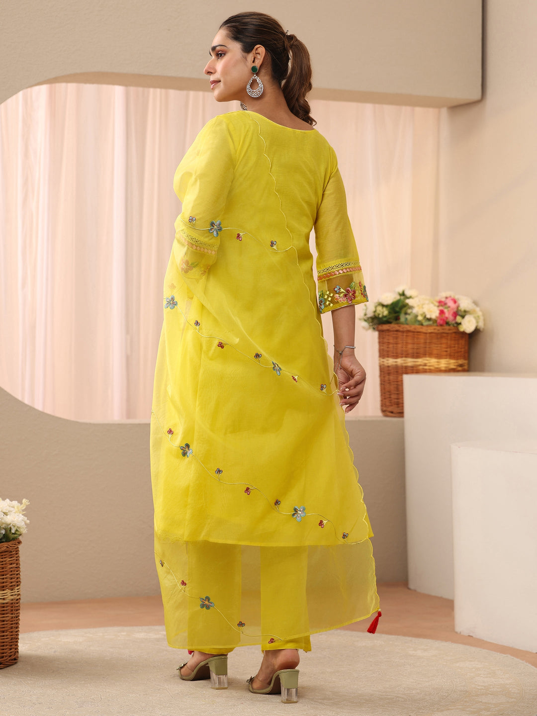 Yellow Floral Embroidered Silk Blend A-Line Suit Set