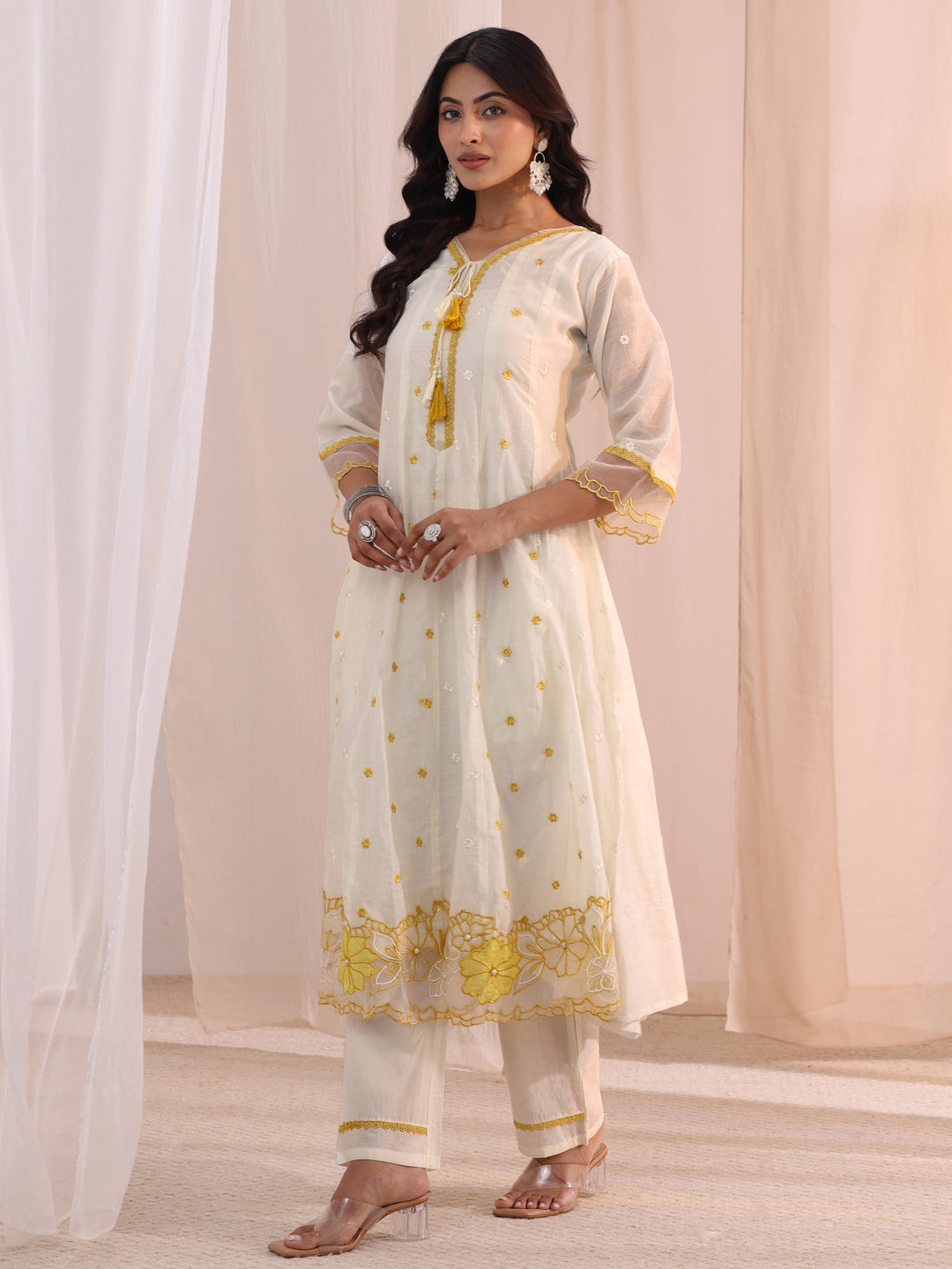 Libas White Floral Embroidered Silk Blend A-Line Suit Set