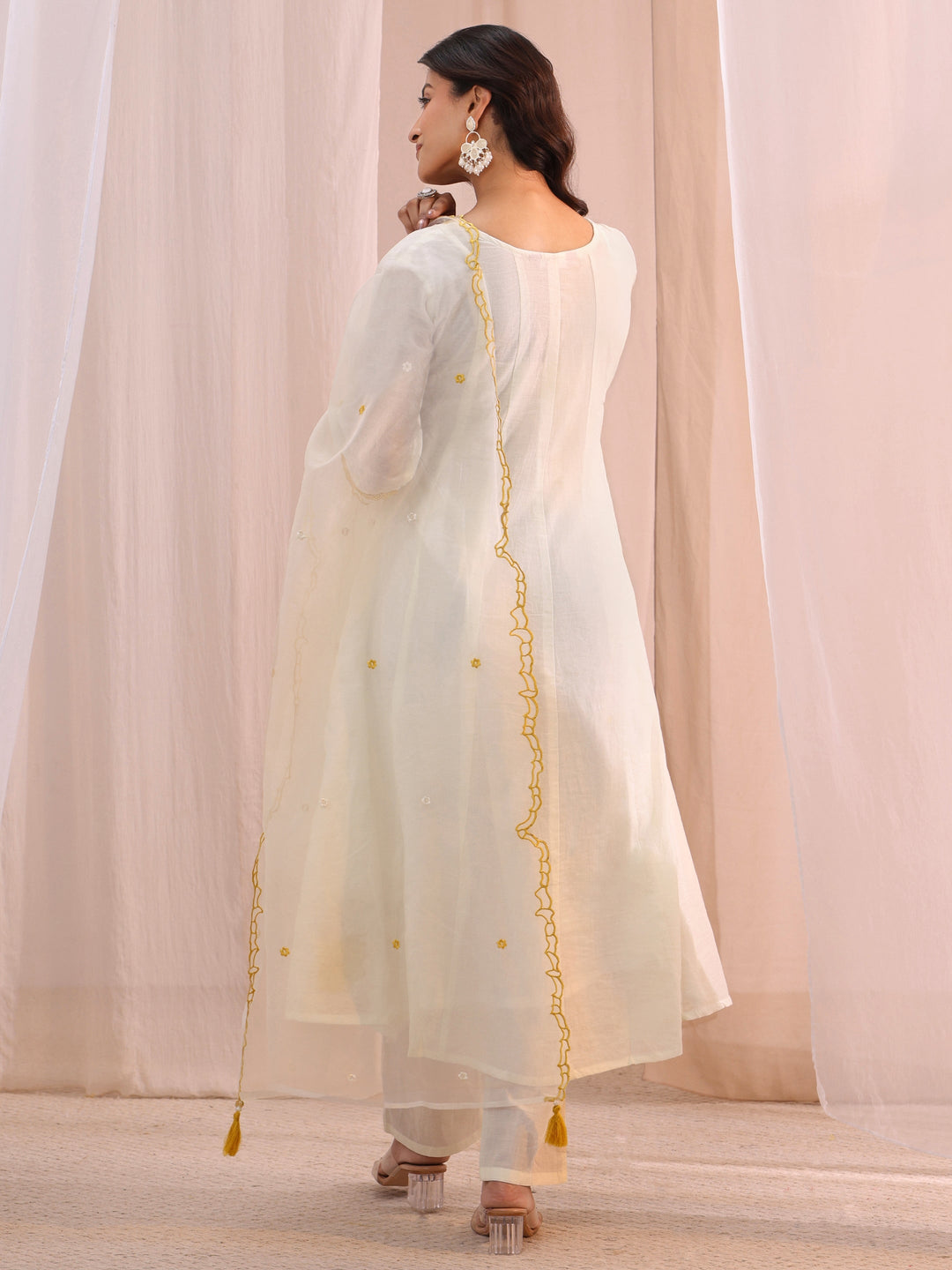 Libas White Floral Embroidered Silk Blend A-Line Suit Set
