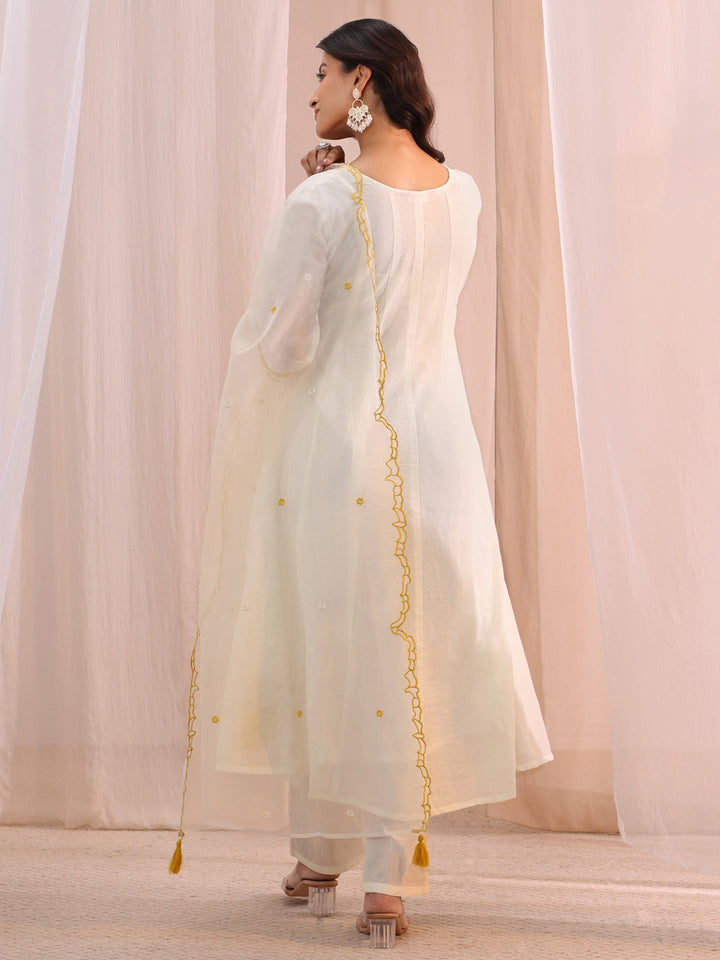 Libas White Floral Embroidered Silk Blend A-Line Suit Set