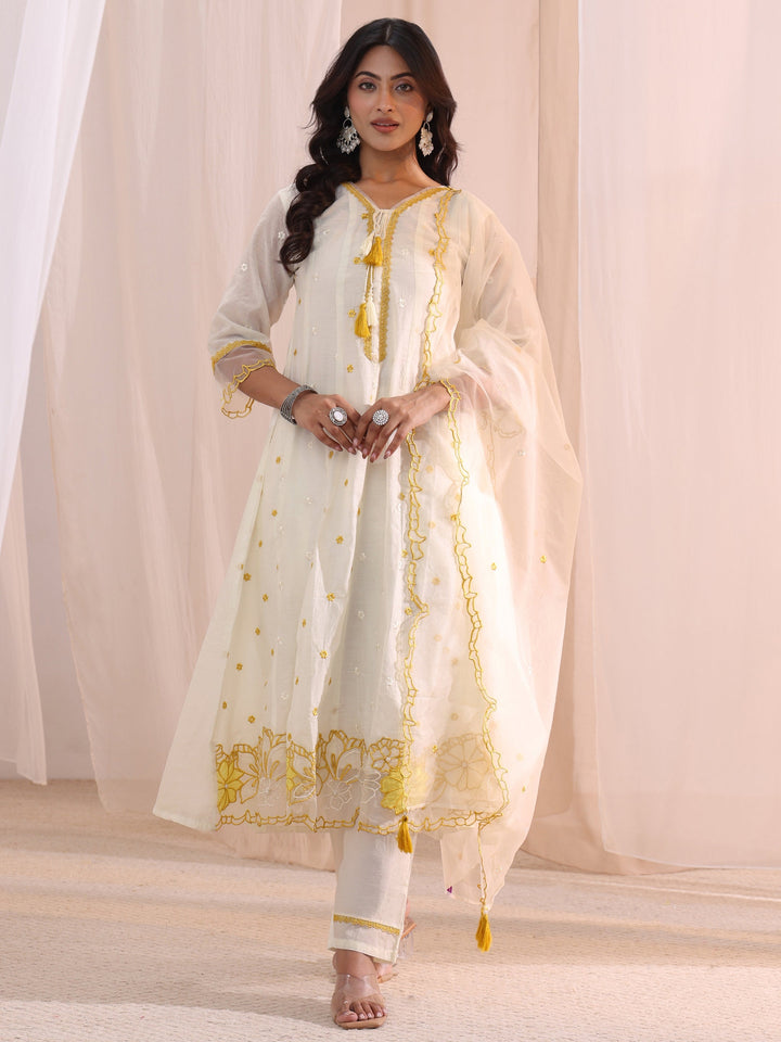 Libas White Floral Embroidered Silk Blend A-Line Suit Set