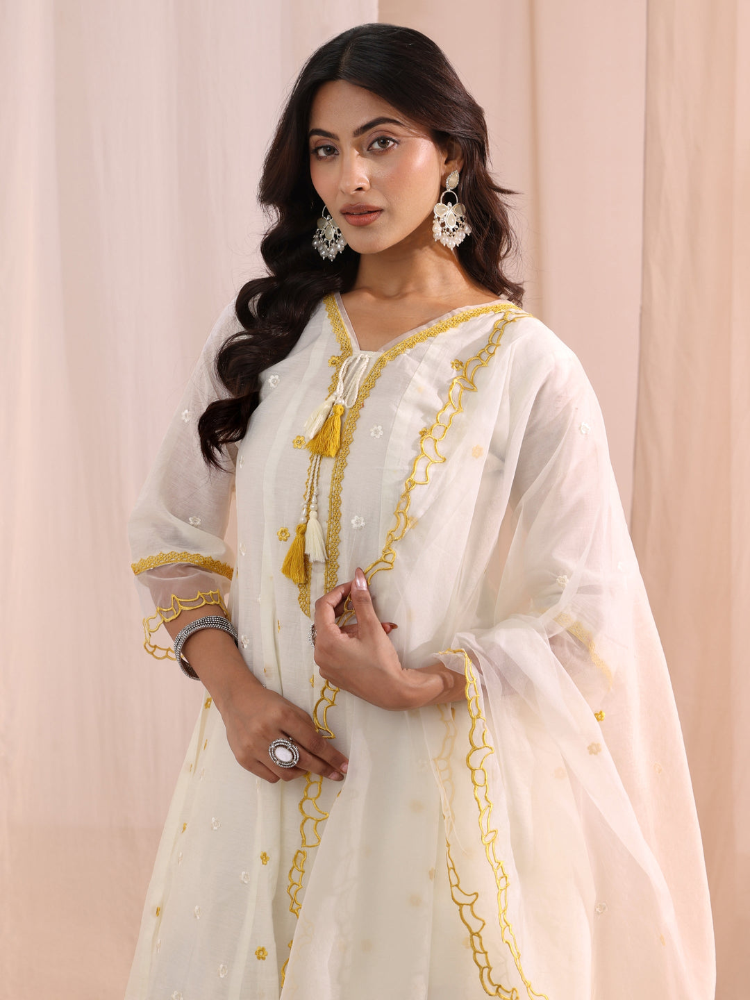 Libas White Floral Embroidered Silk Blend A-Line Suit Set