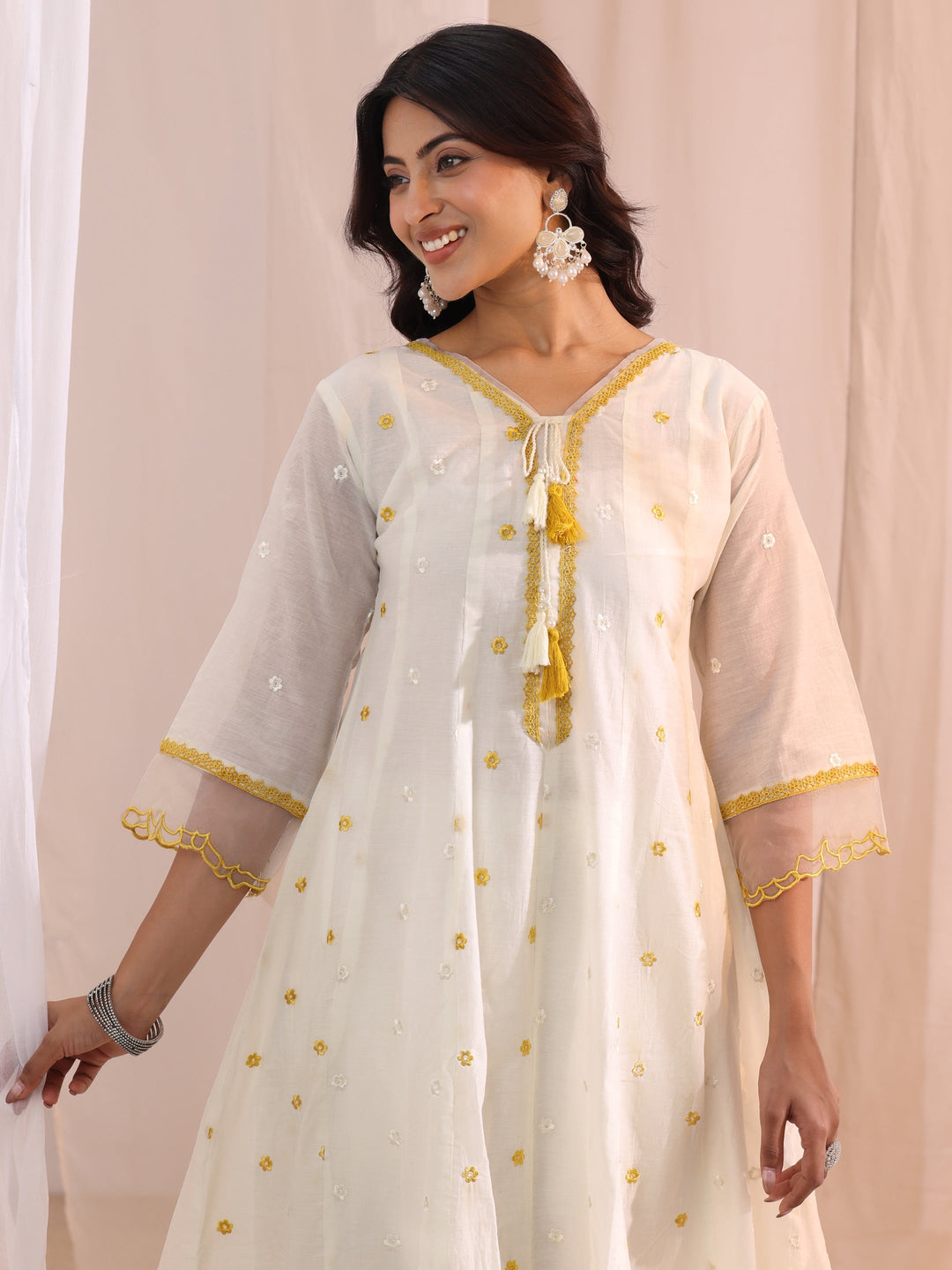 Libas White Floral Embroidered Silk Blend A-Line Suit Set