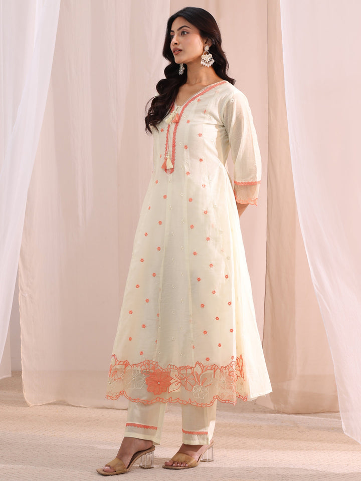 Libas White Floral Embroidered Silk Blend A-Line Suit Set