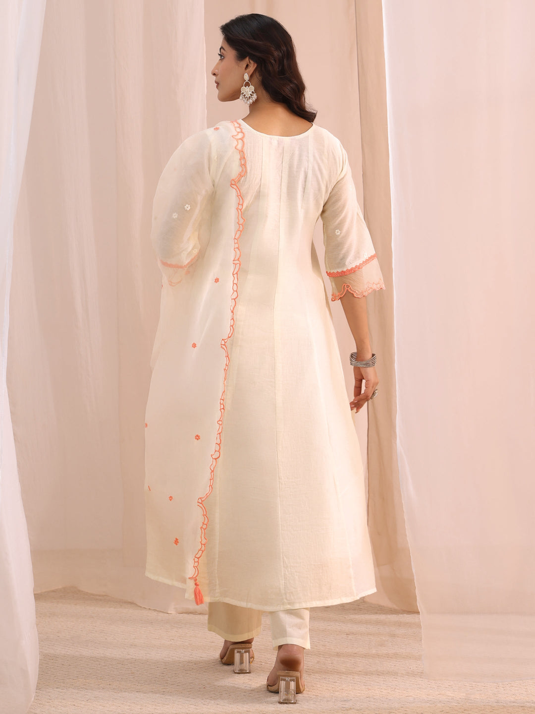 Libas White Floral Embroidered Silk Blend A-Line Suit Set