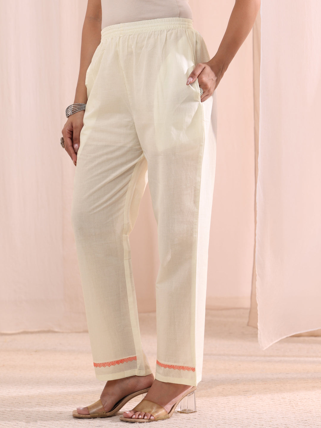 Libas White Floral Embroidered Silk Blend A-Line Suit Set
