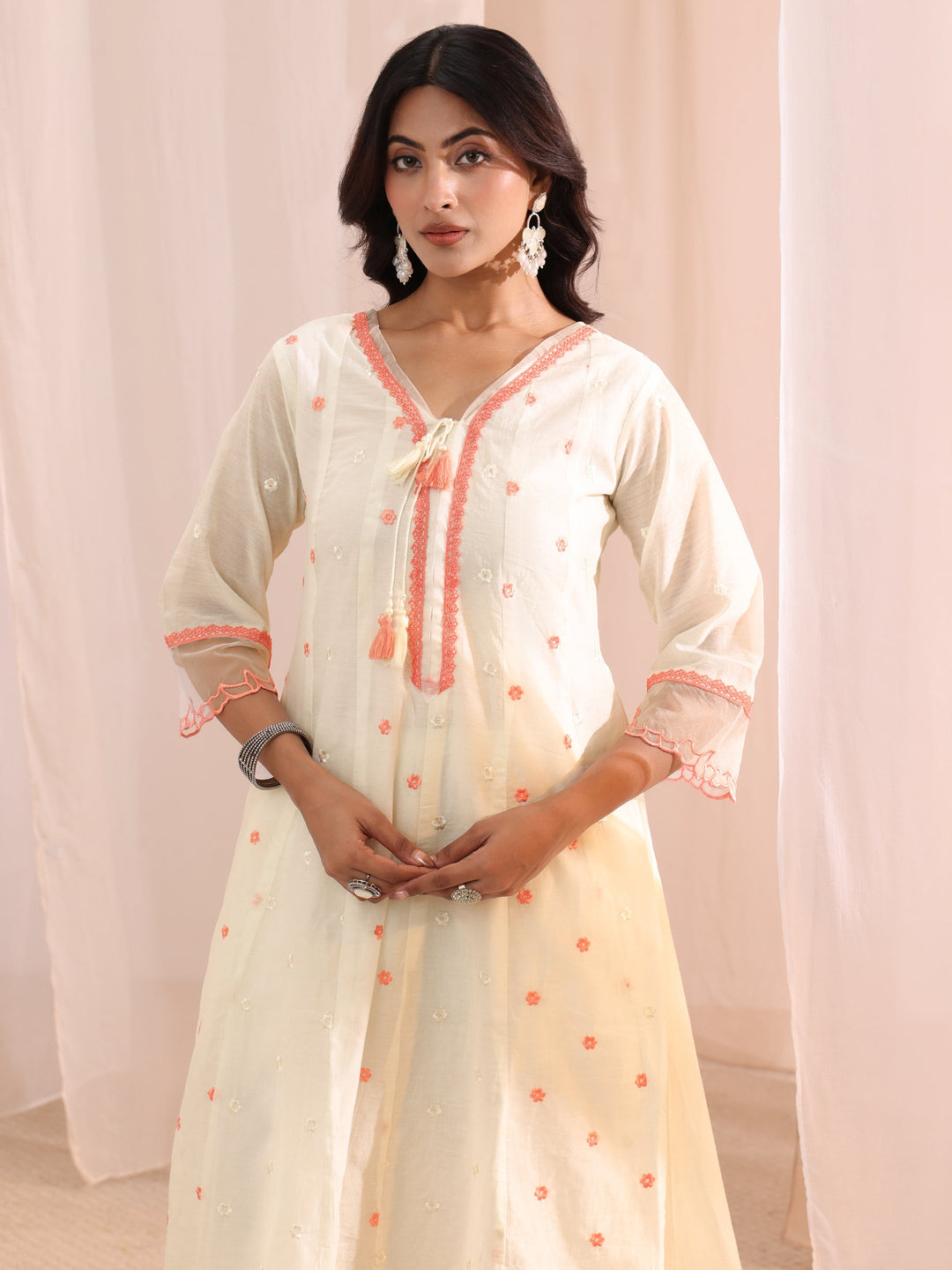 Libas White Floral Embroidered Silk Blend A-Line Suit Set